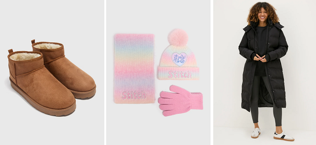 Images of reduced tan snug boots, Stitch accessories set and women's black padded coat from Matalan