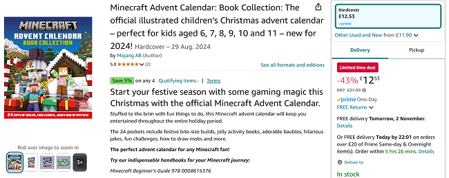 Screenshot showing Minecraft Advent Calendar Book Collection for £12.53 at Amazon
