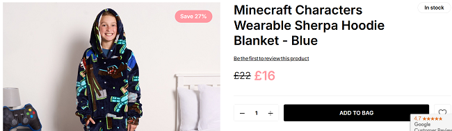 Screenshot showing Minecraft Wearable Sherpa Hoodie Blanket for £16 at Online Home Shop
