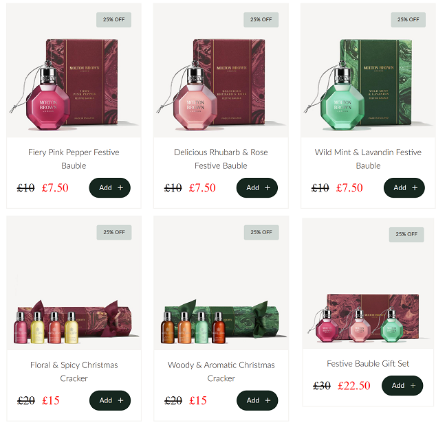 Screenshot showing reduced Molton Brown items