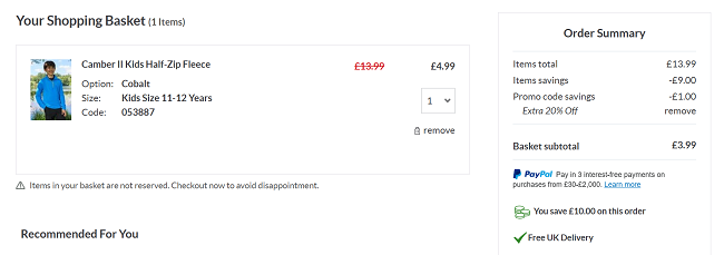 Screenshot showing Camber II Kids Half-Zip Fleece for £3.99 with code at Mountain Warehouse
