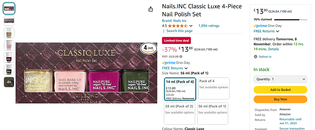 Screenshot showing Nails.INC Classic Luxe 4-Piece Nail Polish Set for £13.80 at Amazon
