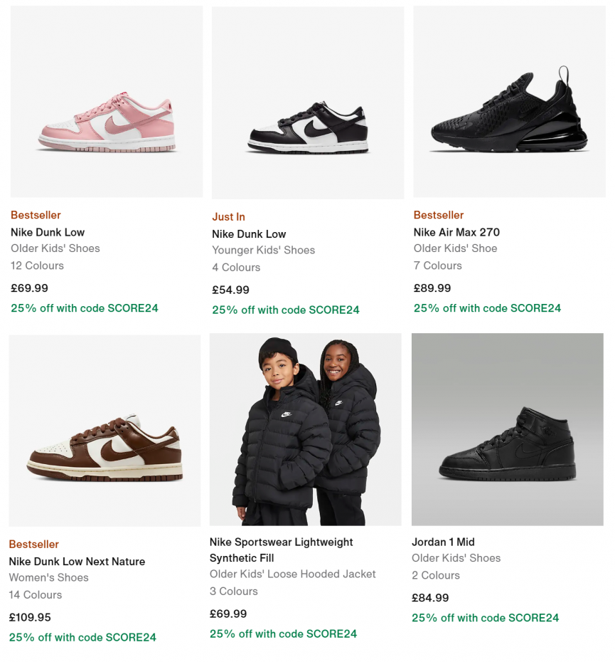 Screenshot showing 25% off deals at Nike