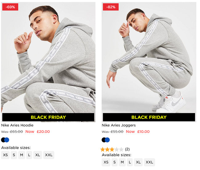 Screenshot showing Nike Aries Joggers £10 and Hoodie £20 at JD Sports