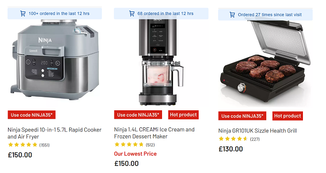 Screenshot showing 35% Off Selected Ninja Appliances with code at Argos