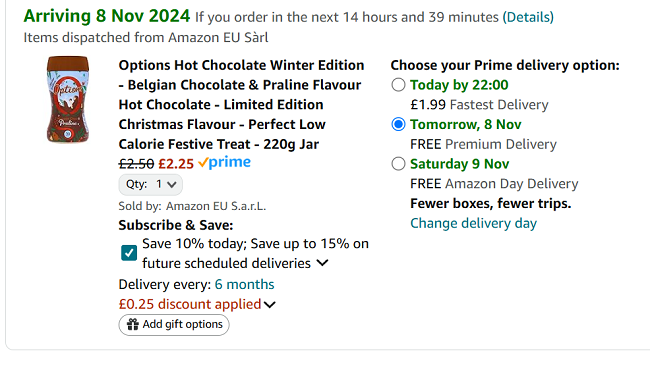 Options Hot Chocolate Winter Edition Belgian Chocolate & Praline Flavour £2.25 @ Amazon