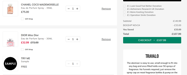 Screenshot of basket showing Buy One Get One Half Price offer at The Perfume Shop