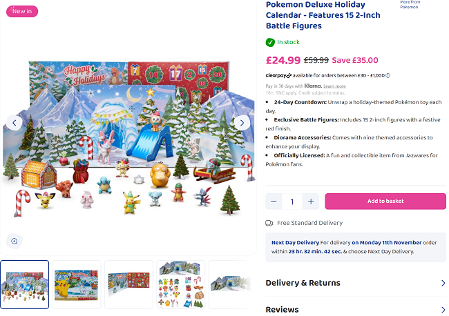 Screenshot showing Pokemon Deluxe Advent Calendar for £24.99 at Bargain Max