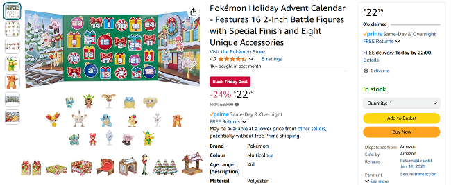 Screenshot showing Pokémon Holiday Advent Calendar for £22.79 at Amazon