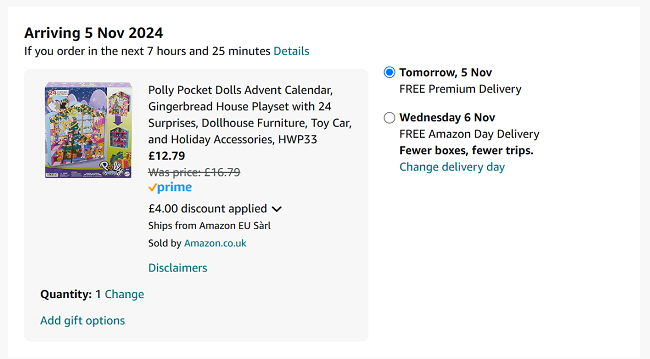 Screenshot showing Polly Pocket Advent Calendar 2024 for £12.79 at Amazon