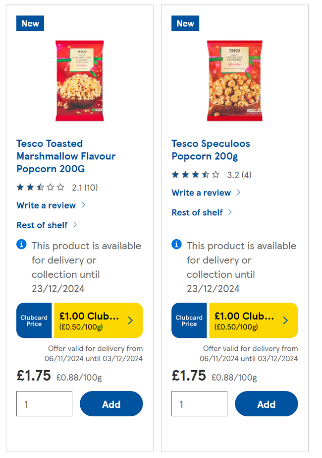 Screenshot showing Tesco Toasted Marshmallow and Speculoos Popcorn offers