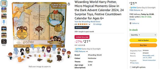 Screenshot showing Wizarding World Harry Potter Micro Magical Moments Glow in the Dark Advent Calendar 2024 for £21.78 at Amazon