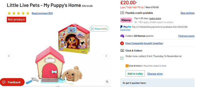 Screenshot showing Little Live Pets My Puppy's Home for £20 at Argos
