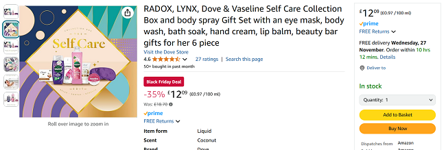 Screenshot showing Radox, Lynx, Dove & Vaseline Self Care Collection Box for £12.09 at Amazon