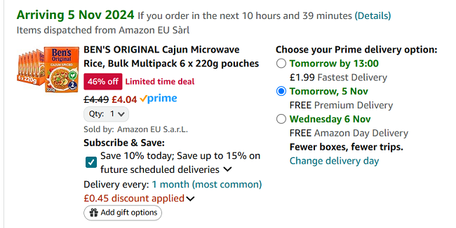 Screenshot showing Ben's Original Cajun Microwave Rice 6 x 220g pouches for £4.04 at Amazon