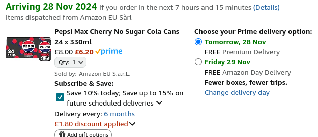 24 x Pepsi Max Cherry 330ml Cans £6.20 (Using Voucher) @ Amazon