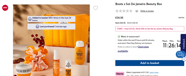 Screenshot showing Boots x Sol De Janeiro Beauty Box for £34.50 at Boots
