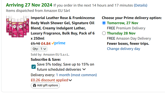 Screenshot showing Imperial Leather Rose & Frankincense Body Wash 6 x 250ml for £4.84 at Amazon