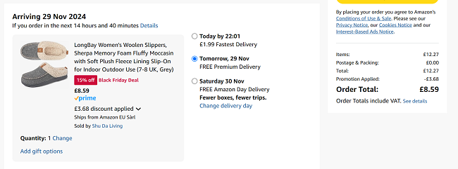 Screenshot showing LongBay Women's Faux Wool Sherpa Memory Foam Slippers for £8.59 at Amazon / Shu Da Living