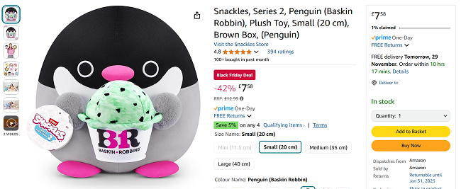 Screenshot showing Snackles Penguin 20cm for £7.58 at Amazon