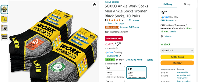 Screenshot showing Soxco Heavy Duty Ankle Work Socks 10 Pack for £5.99 at Amazon / Moonway UK