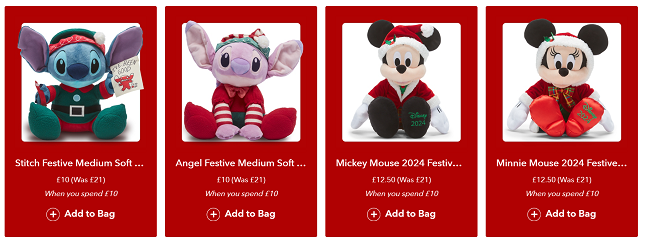 Screenshot showing Stitch or Angel Festive Medium Soft Toy £10 when you spend £10 offer at Disney Store