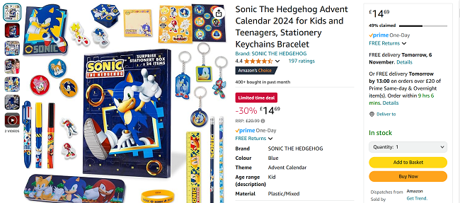 Screenshot showing Sonic The Hedgehog Advent Calendar 2024 for £14.69 at Amazon / Get Trend