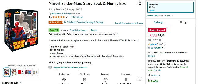 Screenshot showing Marvel Spider-Man Story Book & Paint Your Own Money Box for £6.50 at Amazon