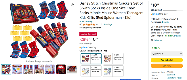 Screenshot showing Marvel Spider-Man Sock Christmas Crackers for £10.39 at Amazon / Get Trend