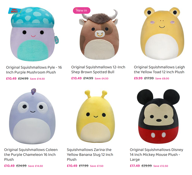 Screenshot showing reduced Squishmallows at Bargain Max