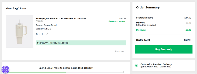 Screenshot showing Stanley Quencher H2.0 FlowState 1.18L Tumbler for £27.99 with code at Footasylum