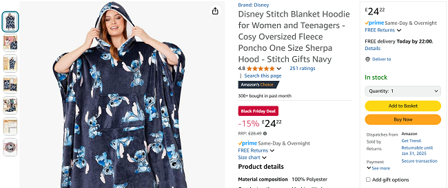 Screenshot showing Disney Stitch Hoodie Blanket for £24.22 at Amazon / Get Trend