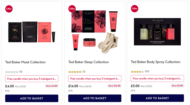 Screenshot showing half price Ted Baker gifts at Boots