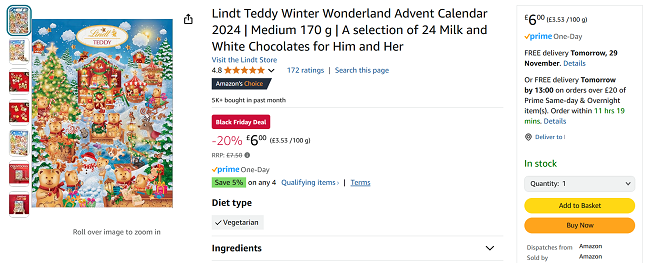 Screenshot showing Lindt Teddy Winter Wonderland Advent Calendar 2024 for £6 at Amazon