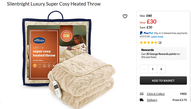 Screenshot showing Silentnight Luxury Super Cosy Heated Throw for £30 at Asda George