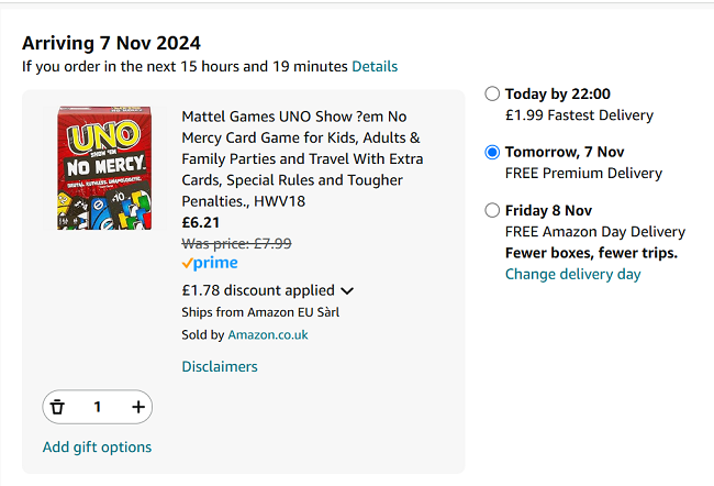 Screenshot showing UNO Show 'Em No Mercy Card Game for £6.21 ar Amazon