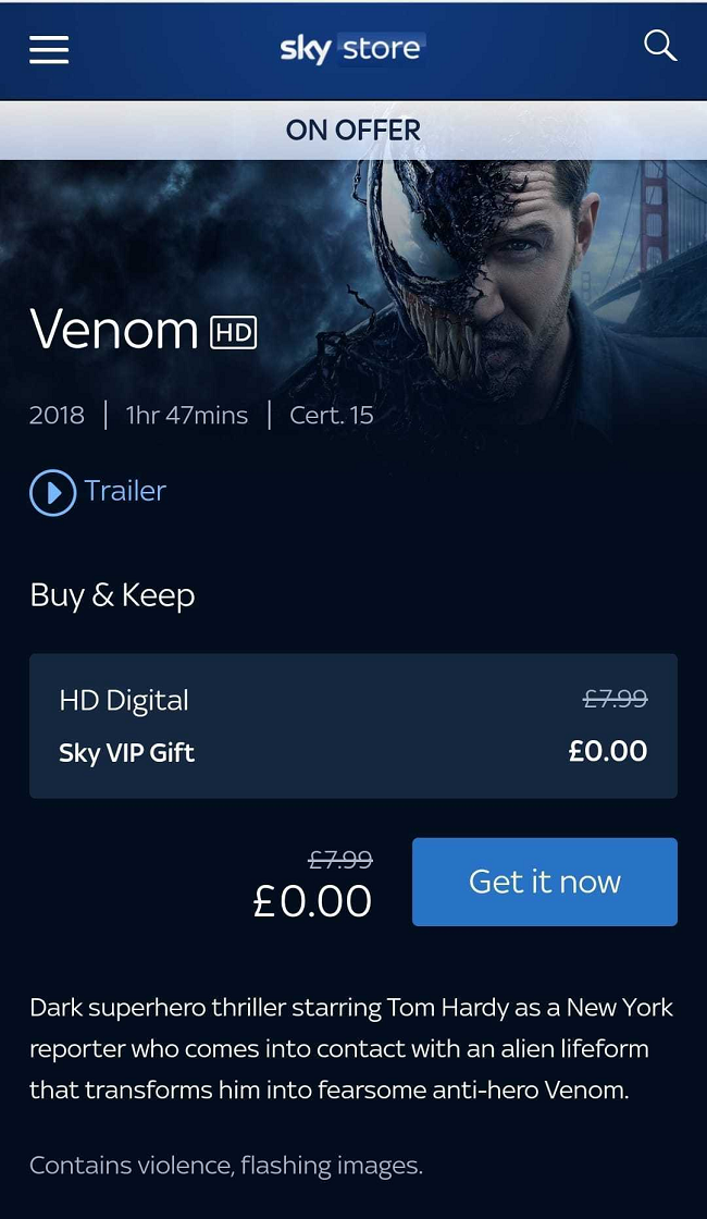 Screenshot showing Vemon Free Buy and Keep Movie from Sky TV