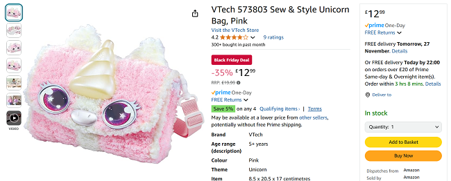 Screenshot showing VTech Sew & Style Unicorn Bag for £12.99 at Amazon