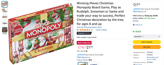 Screenshot showing Monopoly Christmas Edition for £21.99 at Amazon