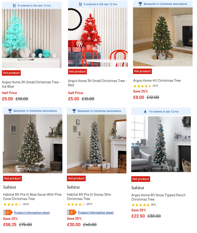 Screenshot showing Up To Half Price on selected Christmas Trees at Argos