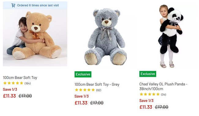 Screenshot showing 100cm Bear Soft Toys for £11.33 each at Argos