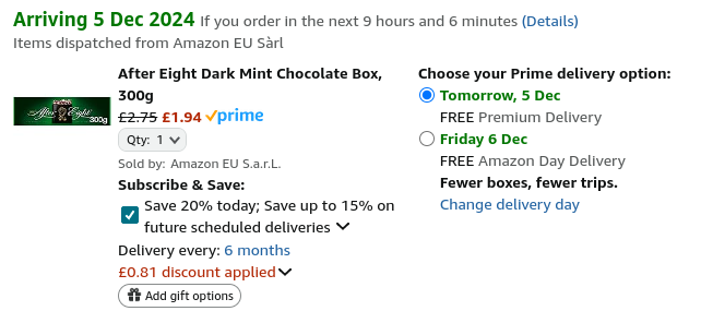 Screenshot showing After Eight Mint Chocolate Thins Box 300g for £1.94 at Amazon