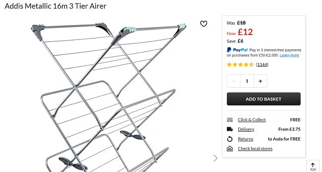 Screenshot showing Addis Metallic 16m 3 Tier Airer for £12 at Asda George