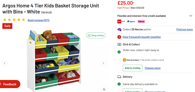 Screenshot showing 4 Tier Kids Basket Storage Unit with Bins for £25 at Argos