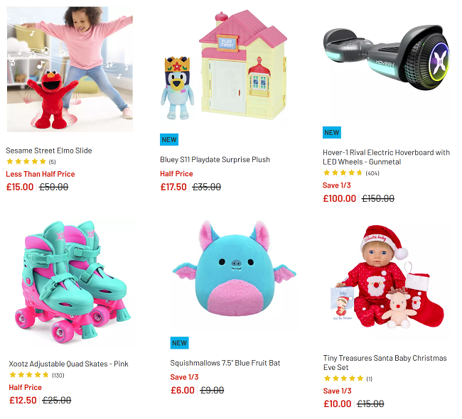 Screenshot showing reduced toy sale items at Argos