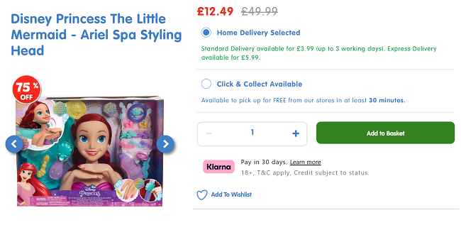 Screenshot showing Disney Princess The Little Mermaid Ariel Spa Styling Head for £11.49 at The Entertainer