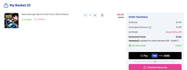Screenshot showing Ravensburger Back To The Future Board Game for £3.64 with code at Bargain Max