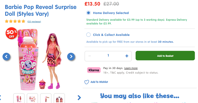 Screenshot showing Barbie Pop Reveal Bubble Tea Series Doll for £13.50 at The Entertainer