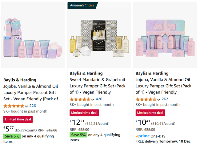 Screenshot showing reduced Baylis & Harding Gift Sets at Amazon