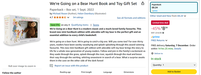 Screenshot showing We're Going on a Bear Hunt Book and Toy Gift Set for £8.24 at Amazon